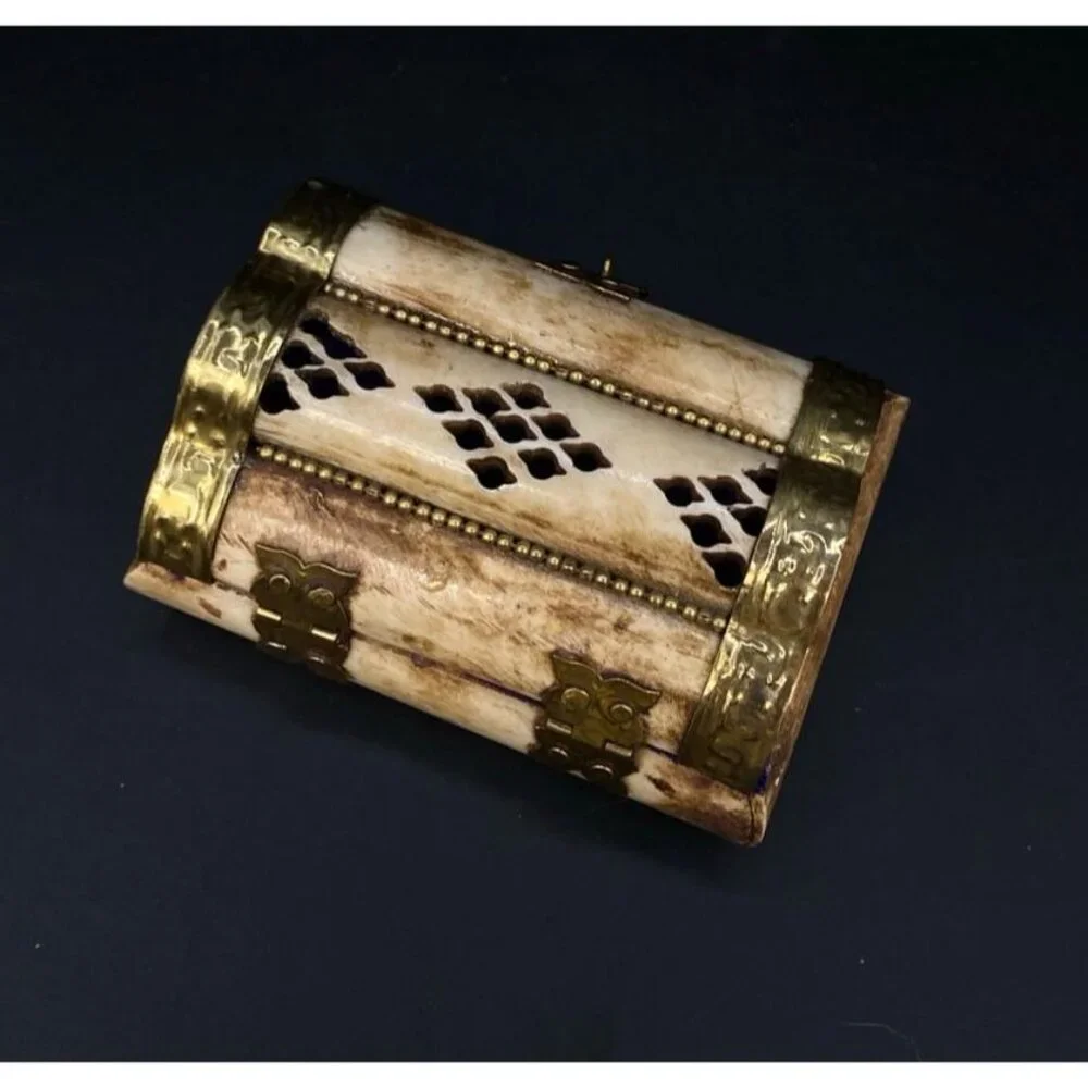 Camel Bone Treasure Chest Jewelry Trinket Box Brass Velvet Lined 3”x2